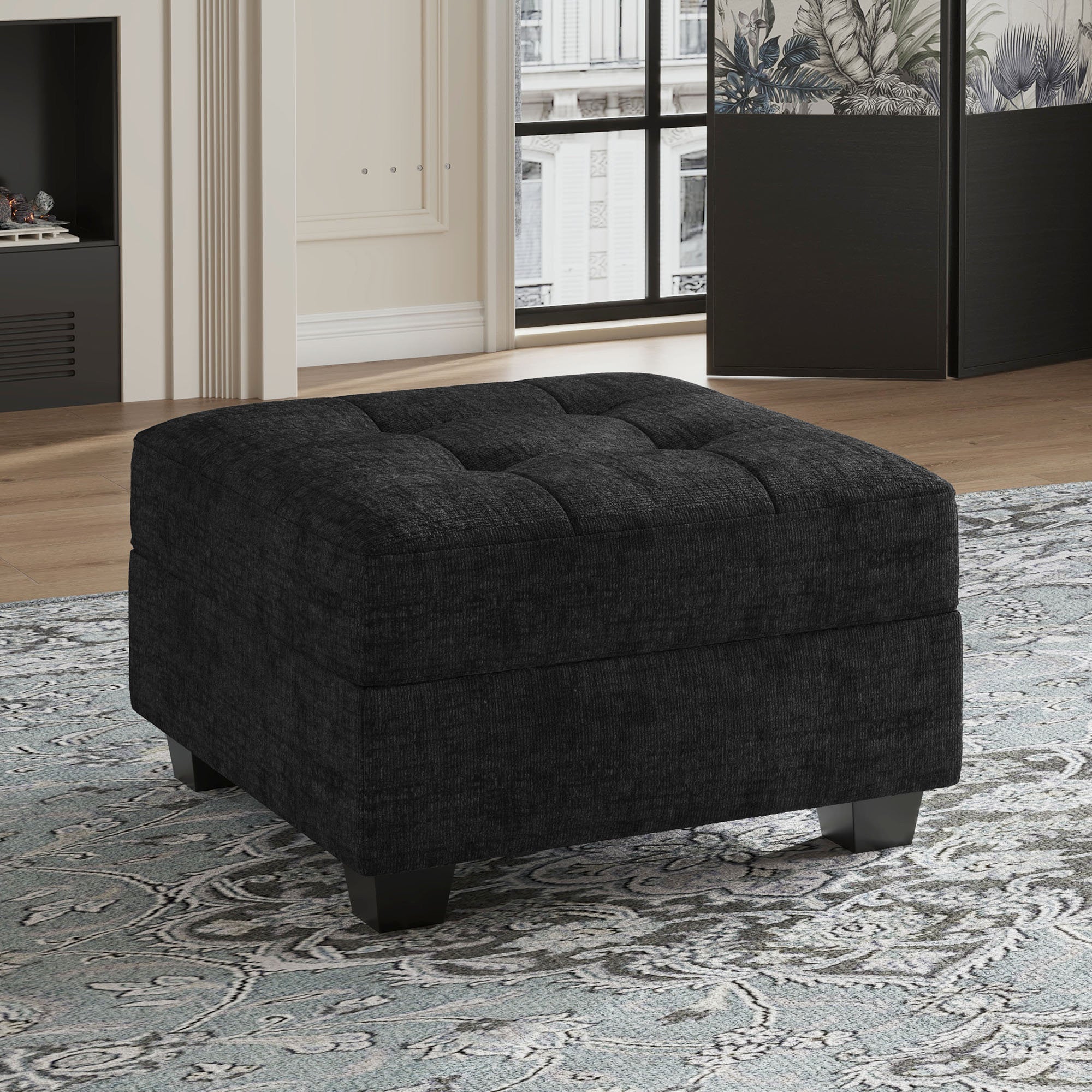 26" Black Chenille Tufted Footstool With Storage