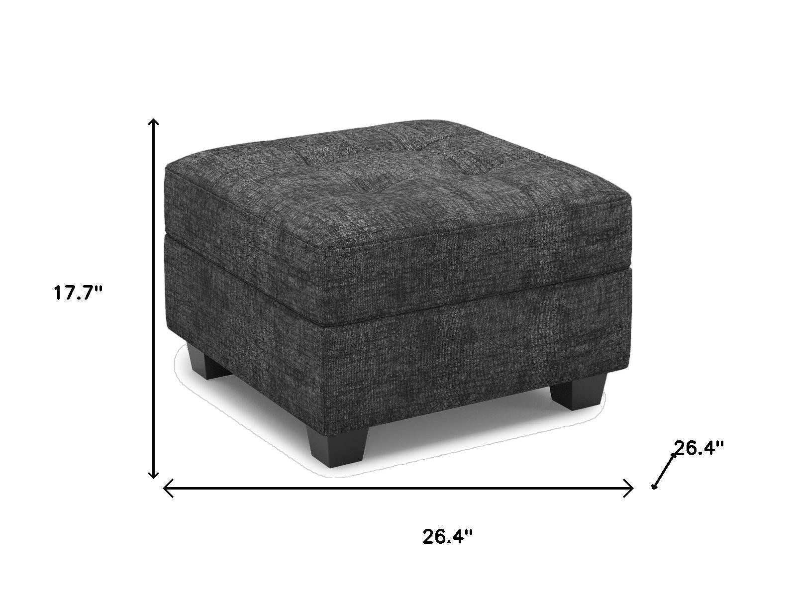 26" Black Chenille Tufted Footstool With Storage