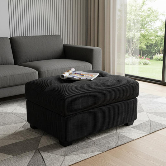 37" Black Corduroy Tufted Footstool