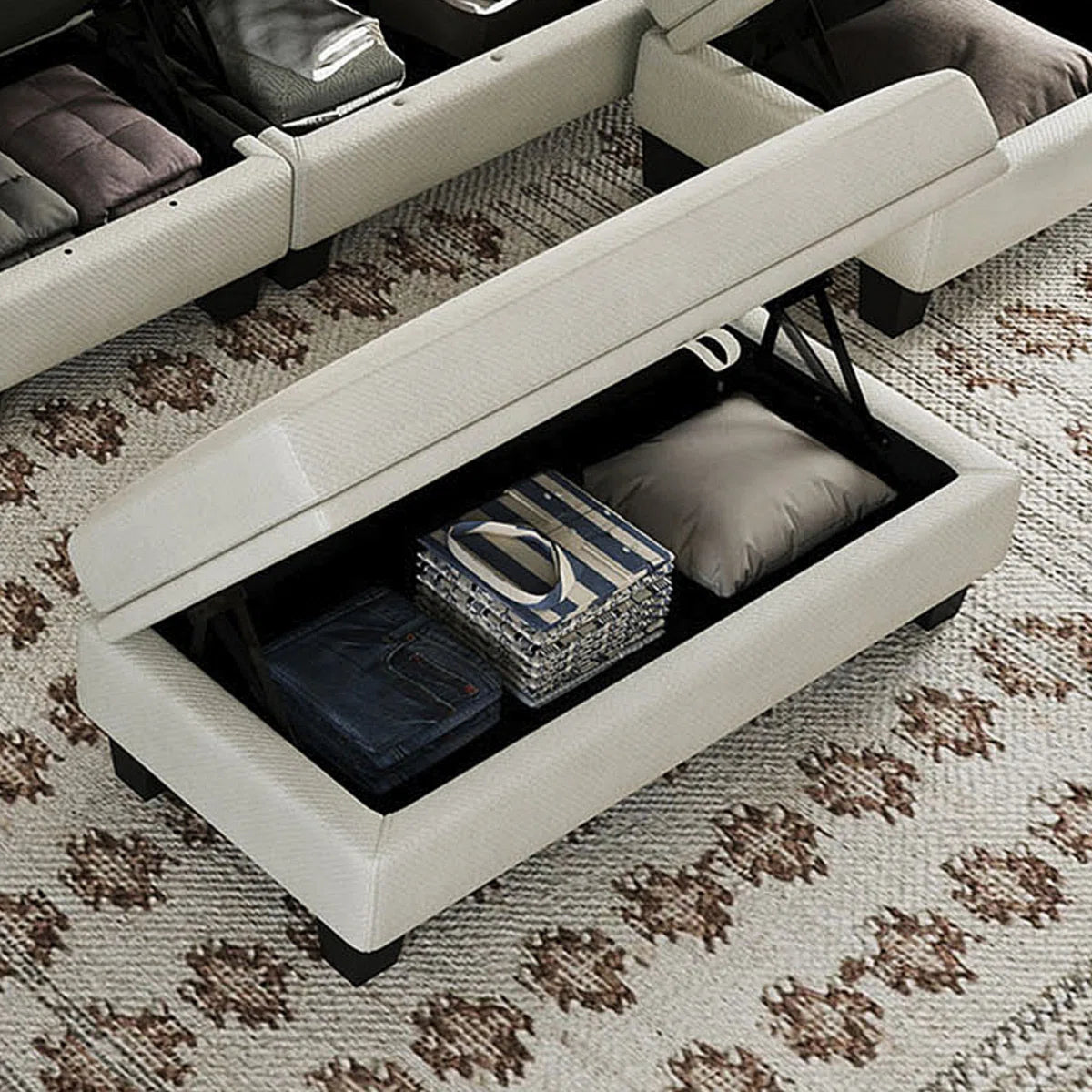 46" Beige and Black Chenille Storage Ottoman