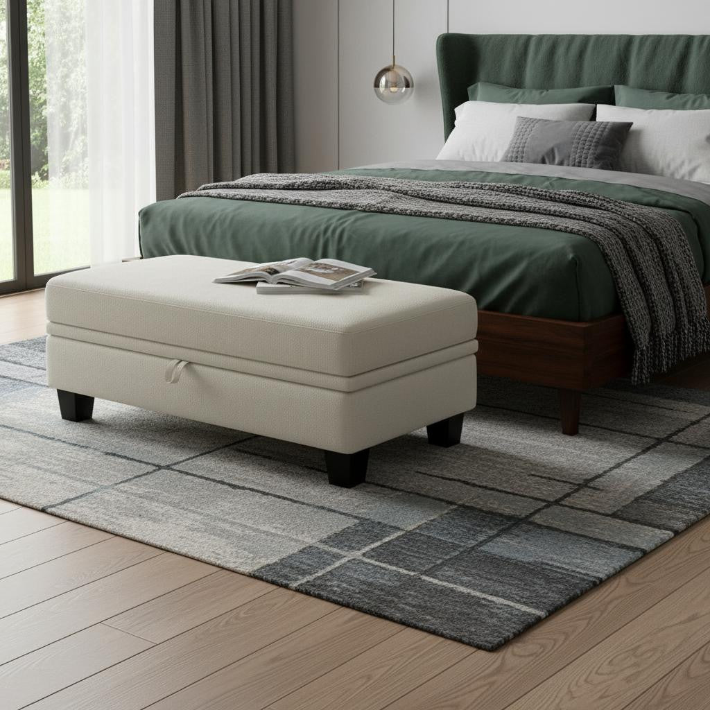 46" Beige and Black Chenille Storage Ottoman