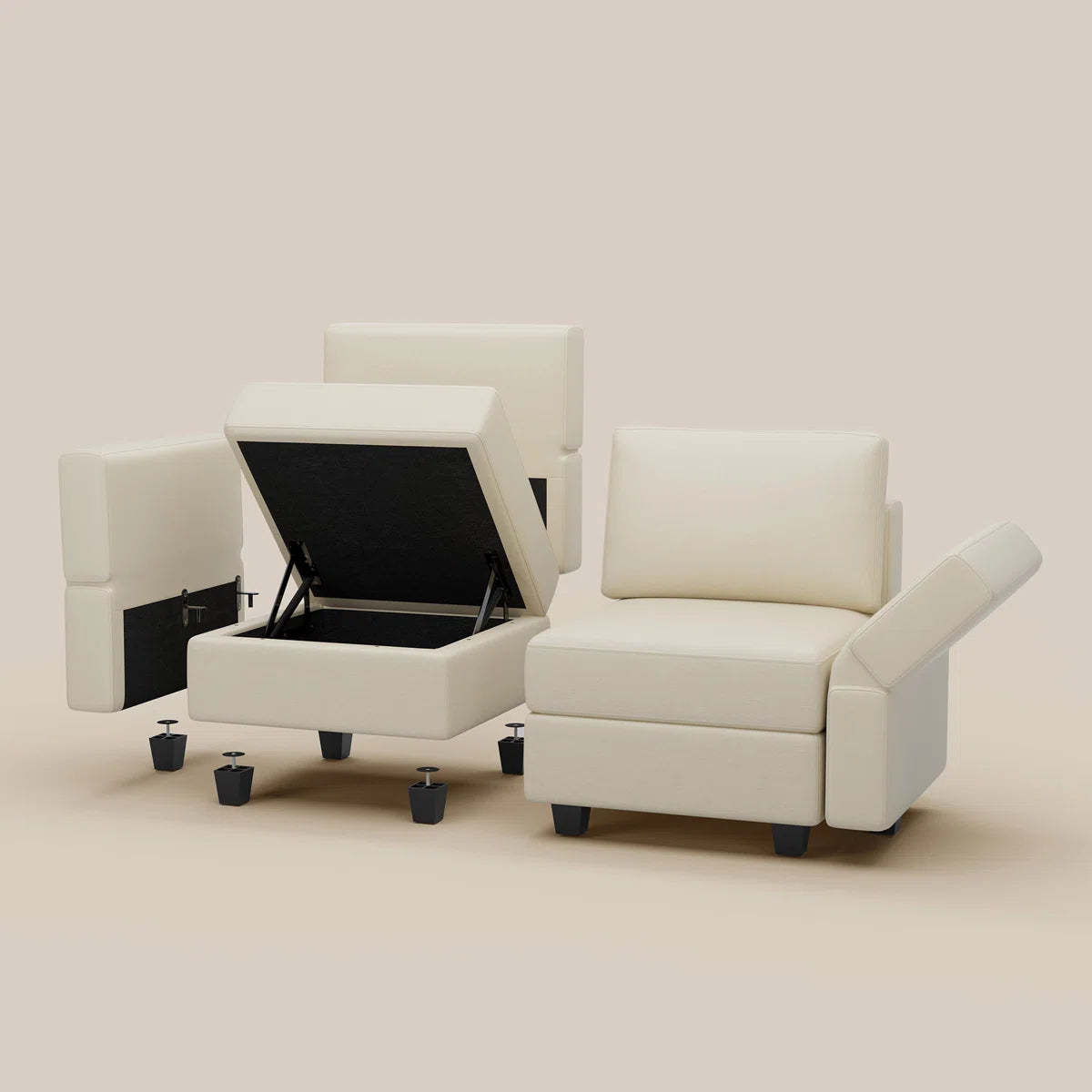 26" Beige and Black Faux Leather Storage Ottoman