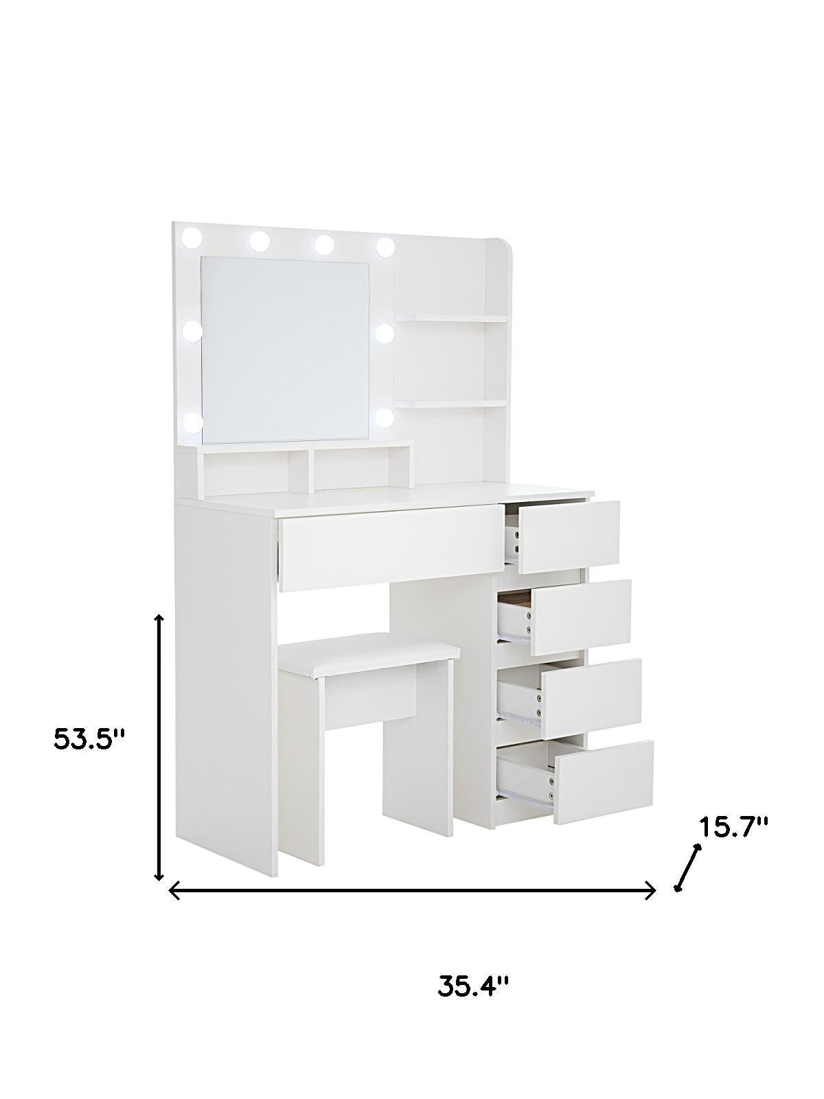 35" White Wood Five Drawer Vanity Table