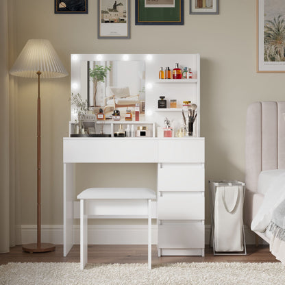 35" White Wood Five Drawer Vanity Table