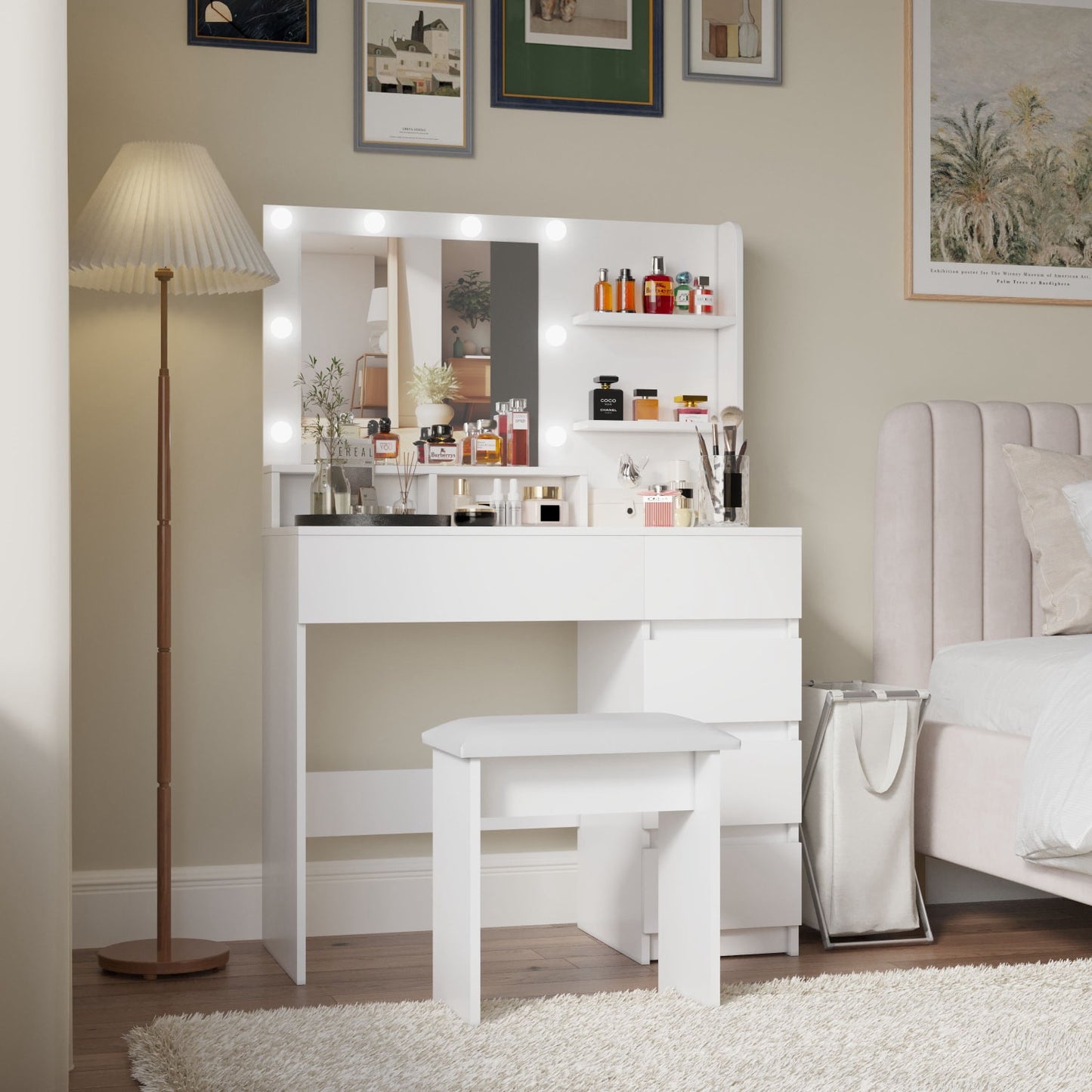 35" White Wood Five Drawer Vanity Table
