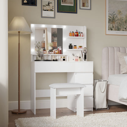 35" White Wood Five Drawer Vanity Table