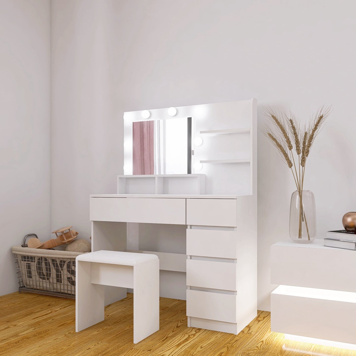 35" White Wood Five Drawer Vanity Table