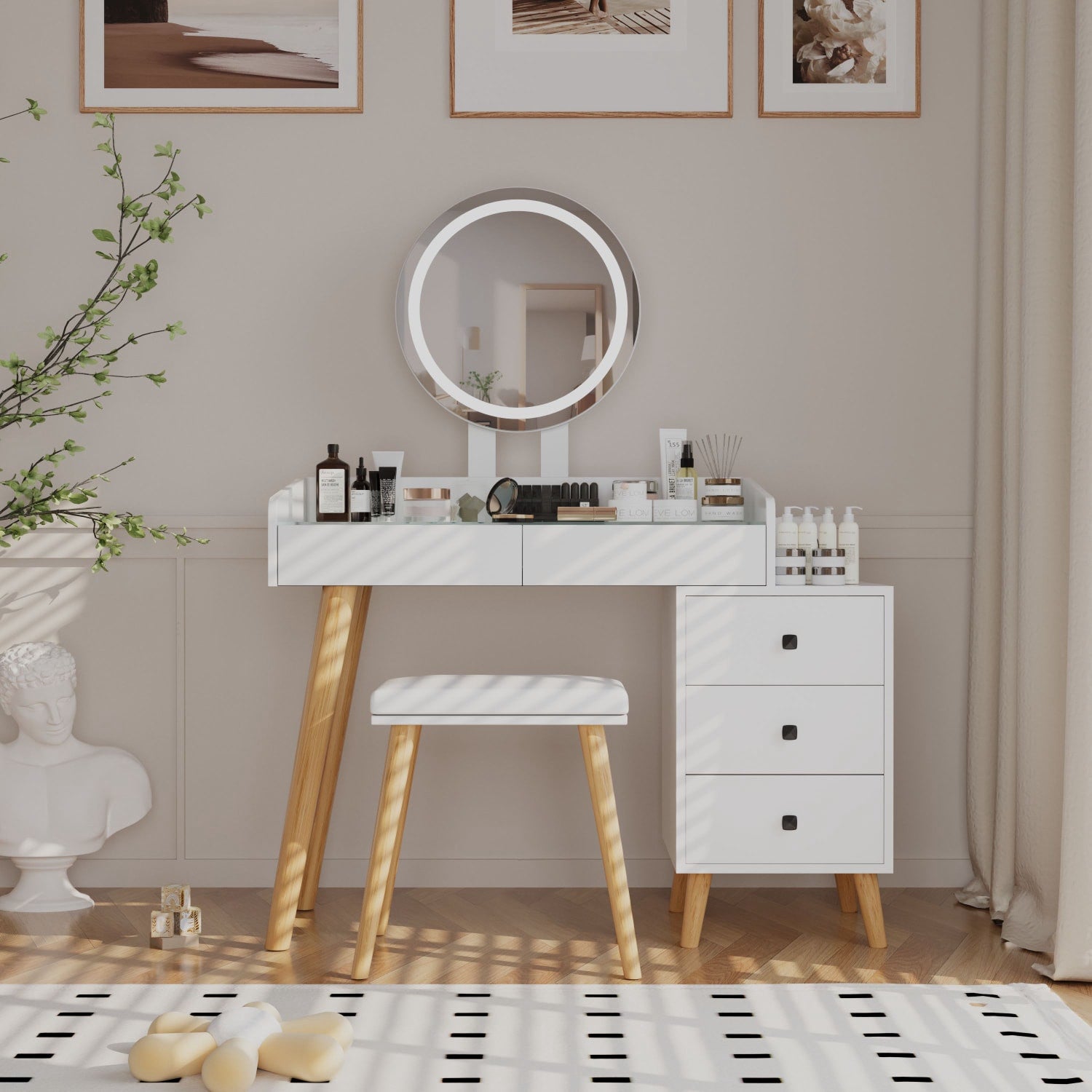 46" White Five Drawer Vanity Table