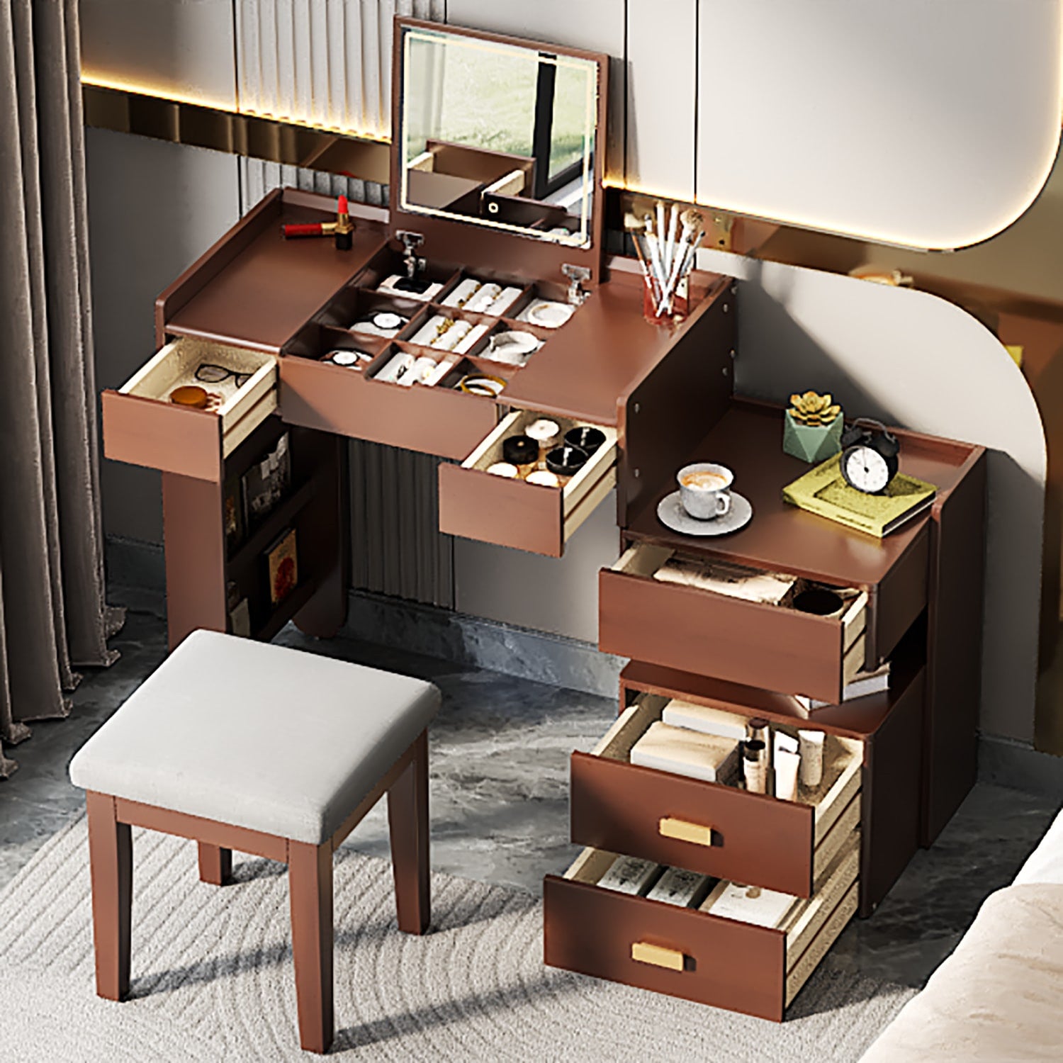 45" Brown Five Drawer Vanity Table