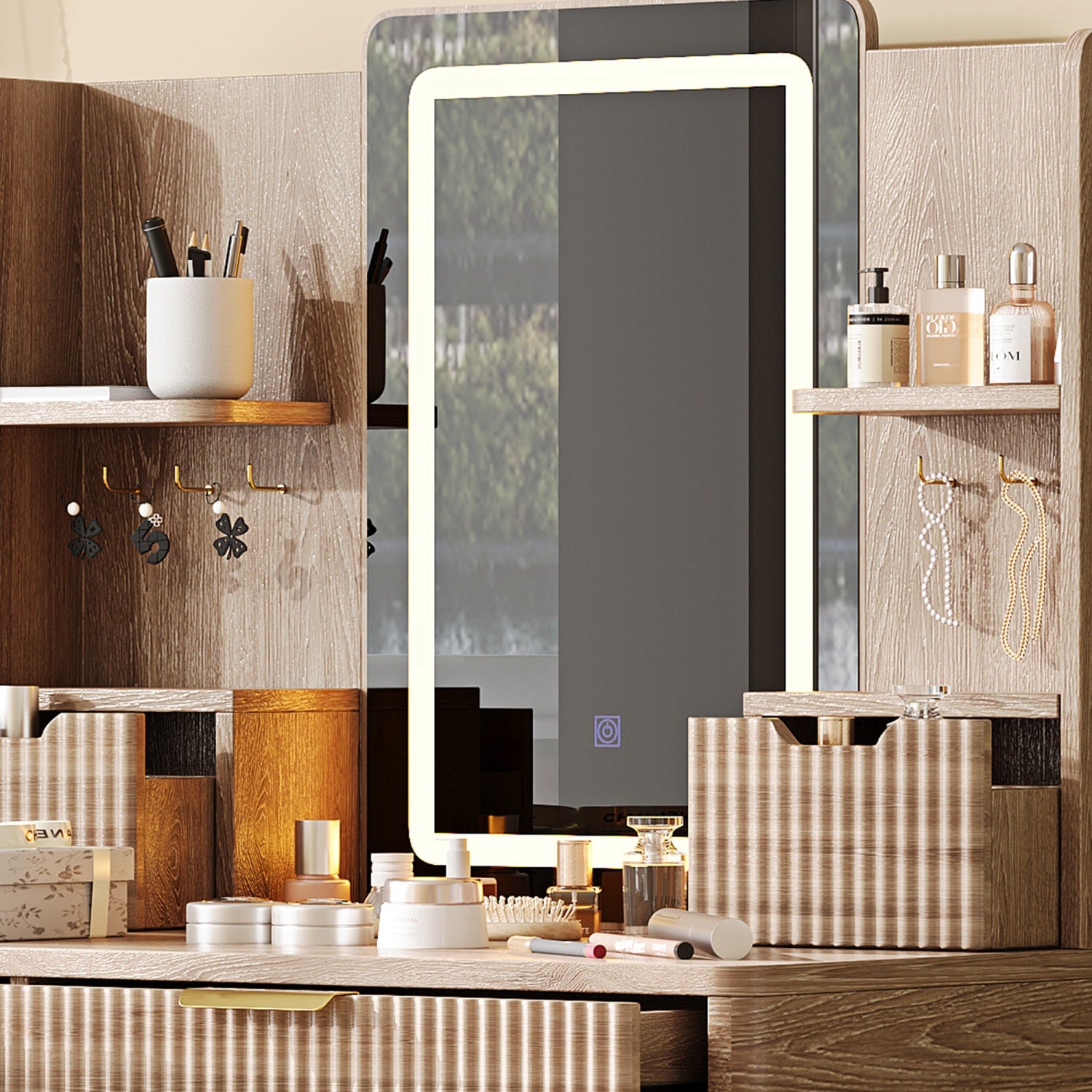 39" Brown Eight Drawer Vanity Table