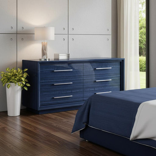 68" Blue Wood Six Drawer Double Dresser