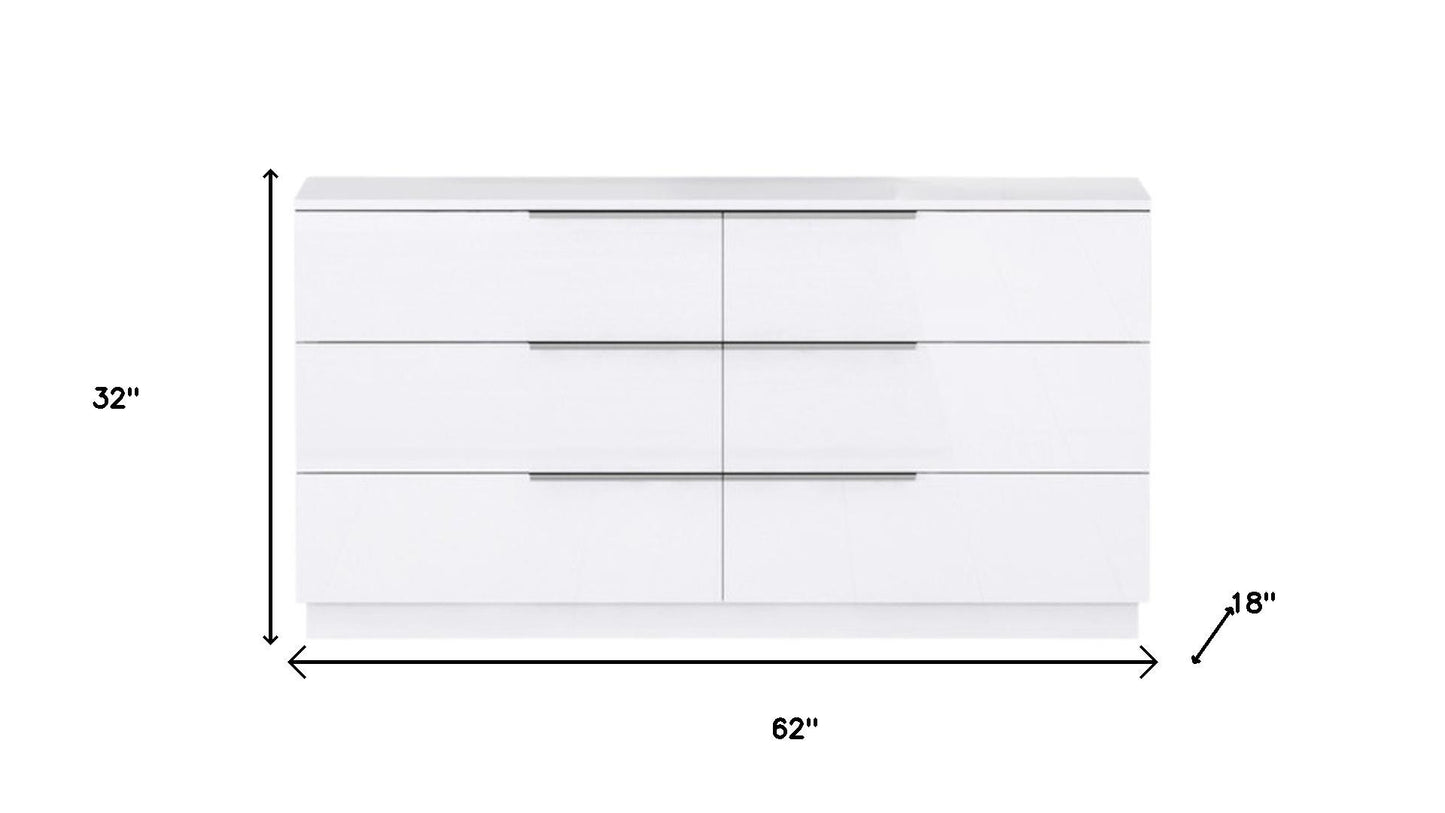 62" White Wood Six Drawer Double Dresser