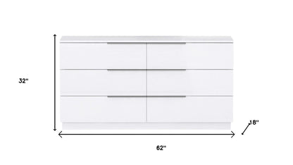 62" White Wood Six Drawer Double Dresser
