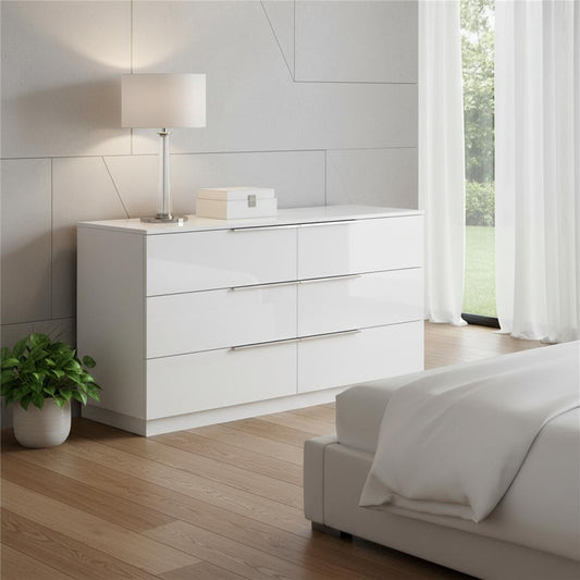62" White Wood Six Drawer Double Dresser