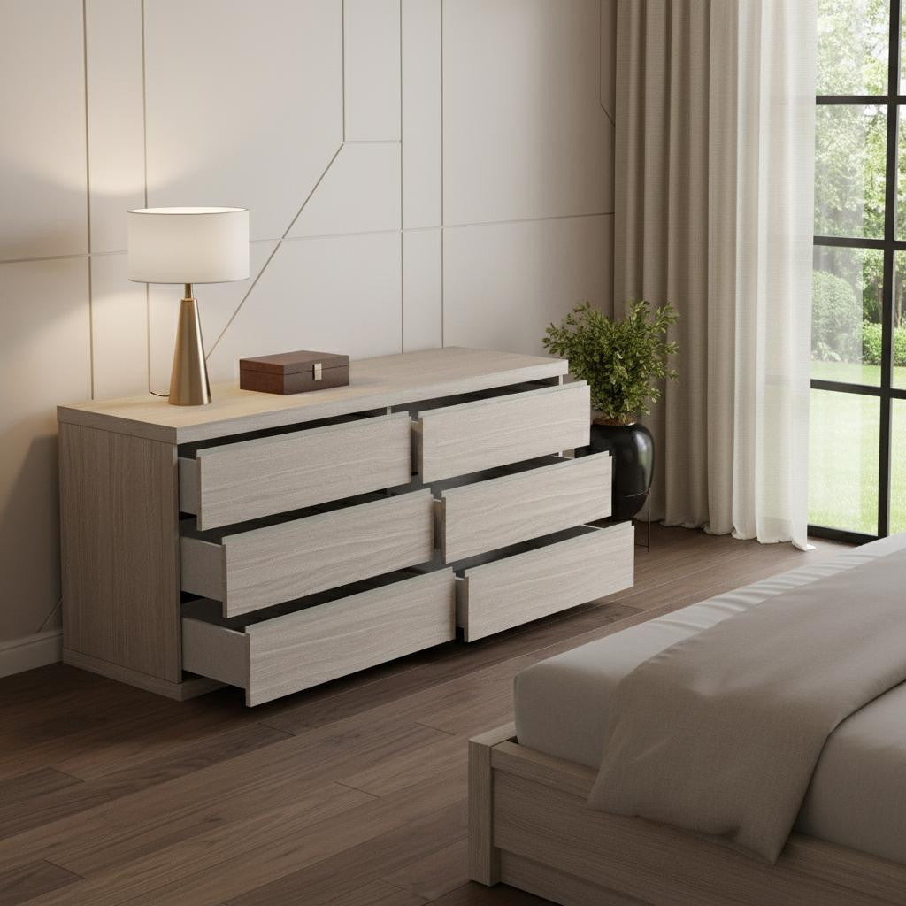 63" Beige Wood Six Drawer Double Dresser
