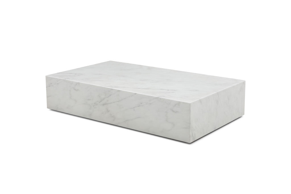 55" White Genuine Marble and Marble Wheel Coffee Table