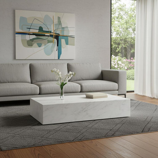 55" White Genuine Marble and Marble Wheel Coffee Table