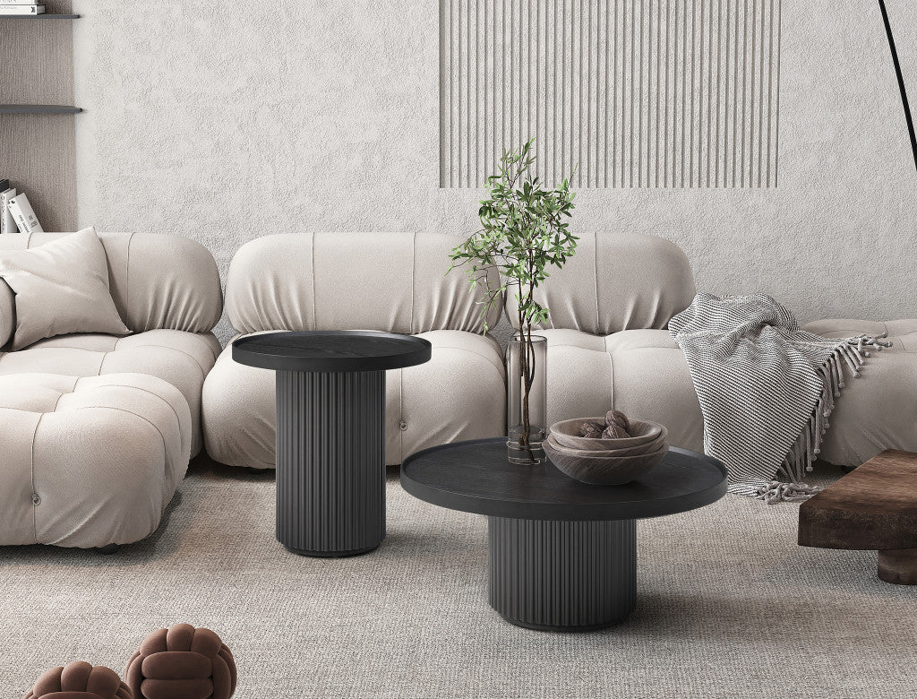 32" Dark Gray Solid Wood and Wood Round Pedestal Coffee Table