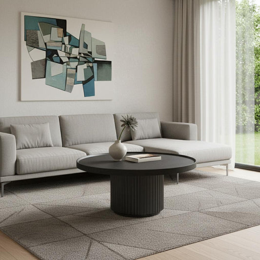 32" Dark Gray Solid Wood and Wood Round Pedestal Coffee Table
