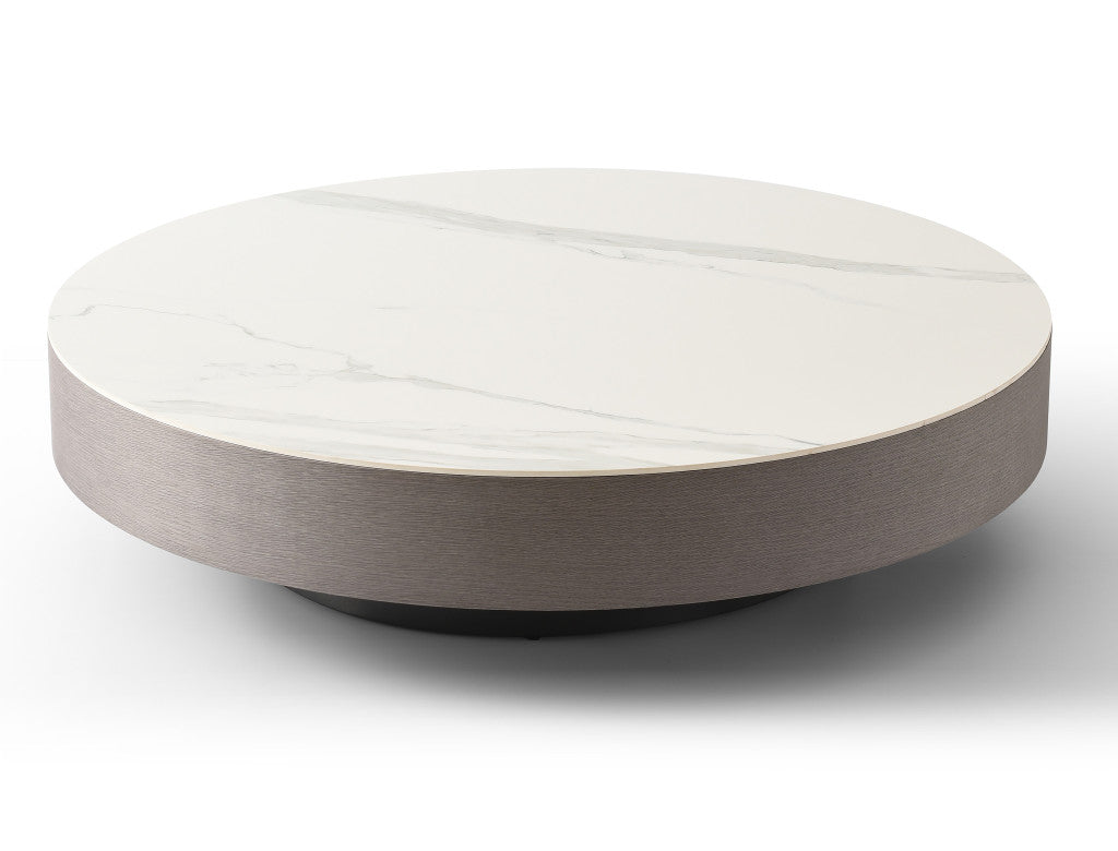 41" Gray Ceramic Tile and Solid Wood Round Pedestal Coffee Table