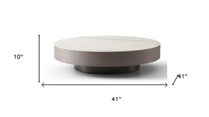 41" Gray Ceramic Tile and Solid Wood Round Pedestal Coffee Table