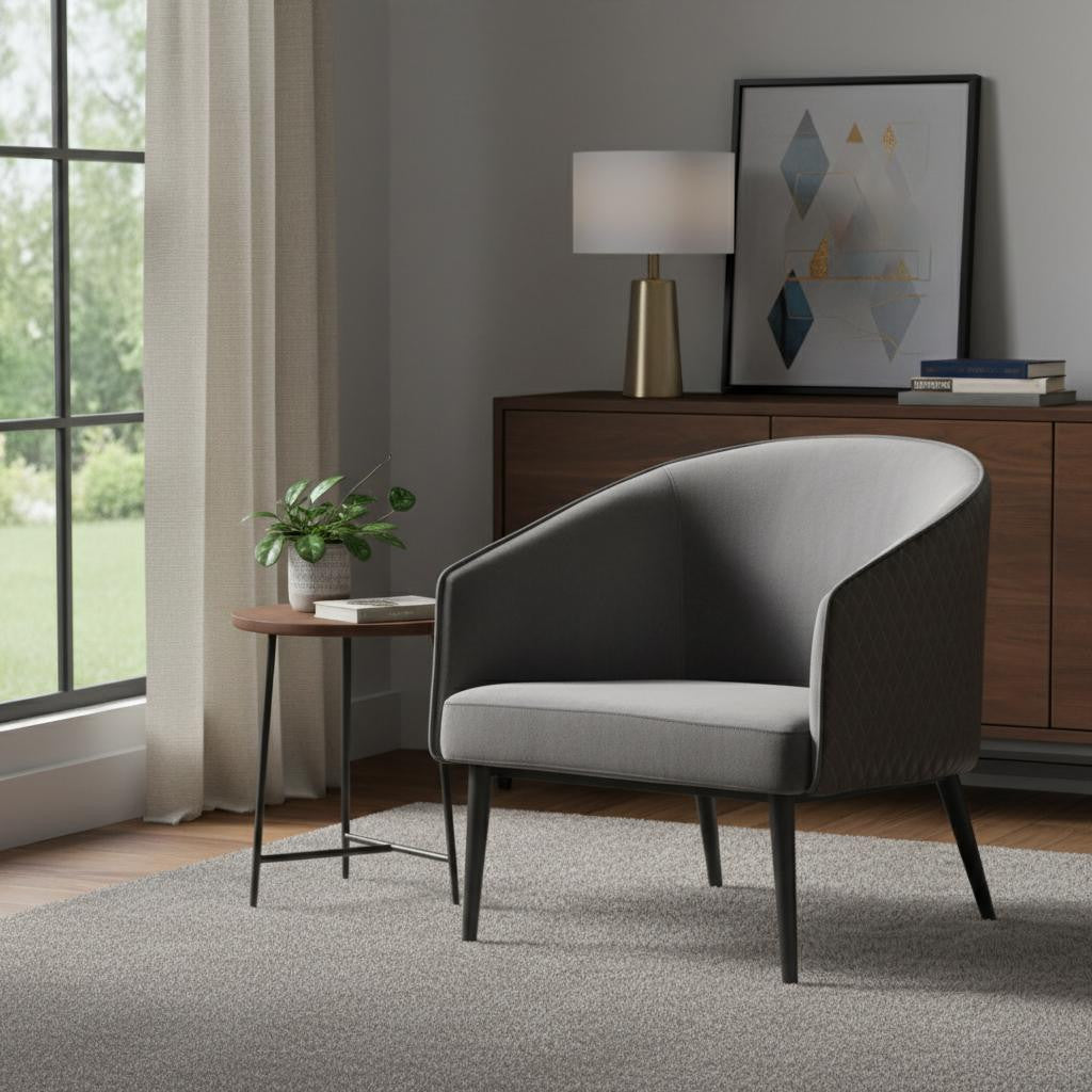 27" Gray Tufted Velvet And Faux Leather and Metal Lounge Chair