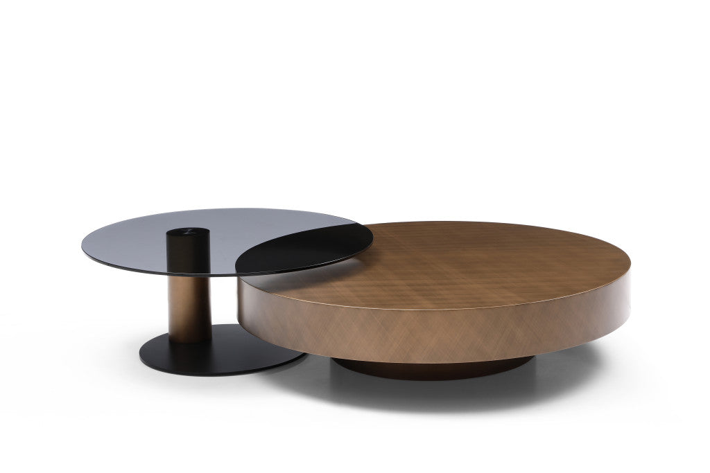 Bronze Copper Glass and Steel Round Pedestal Nested Coffee Tables