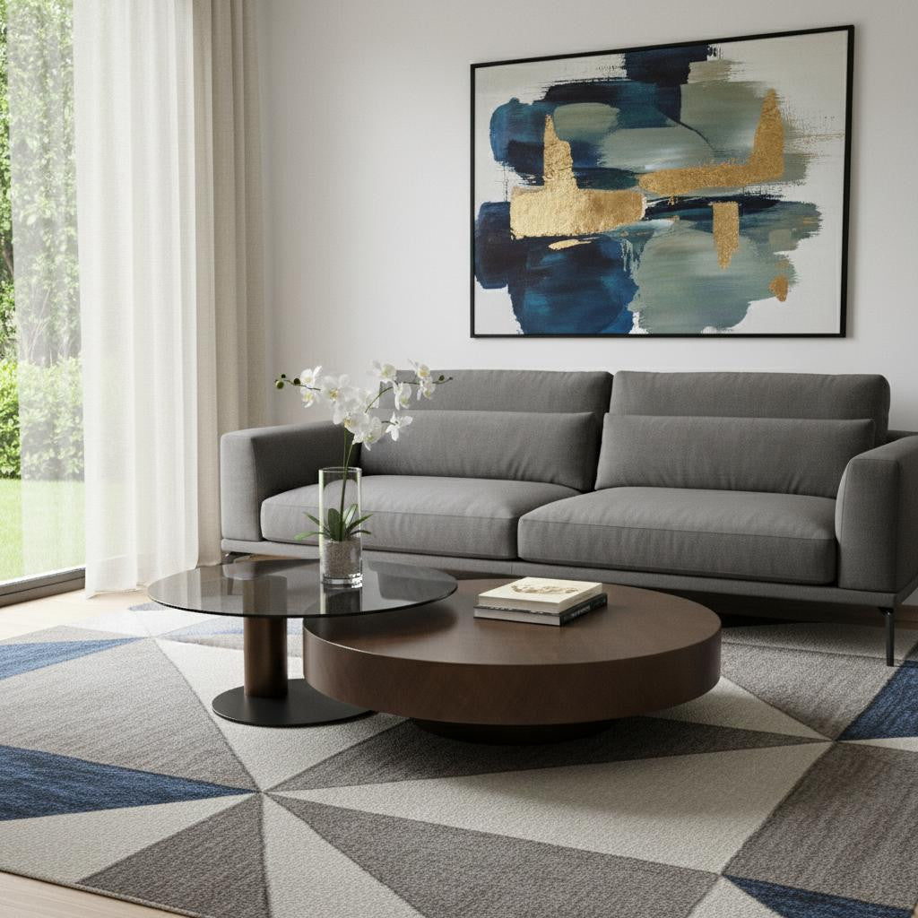 Bronze Copper Glass and Steel Round Pedestal Nested Coffee Tables