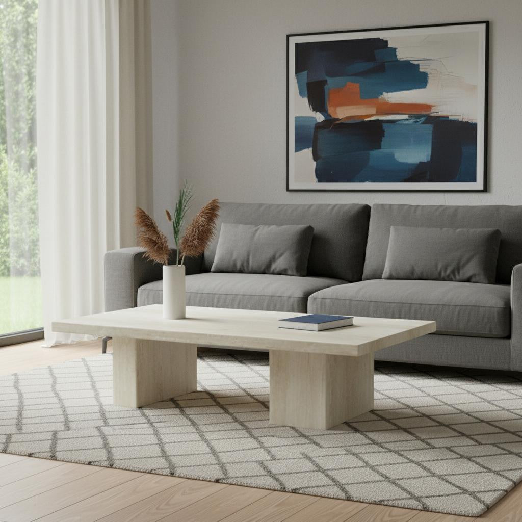 55" Beige Genuine Marble and Marble Double Pedestal Coffee Table