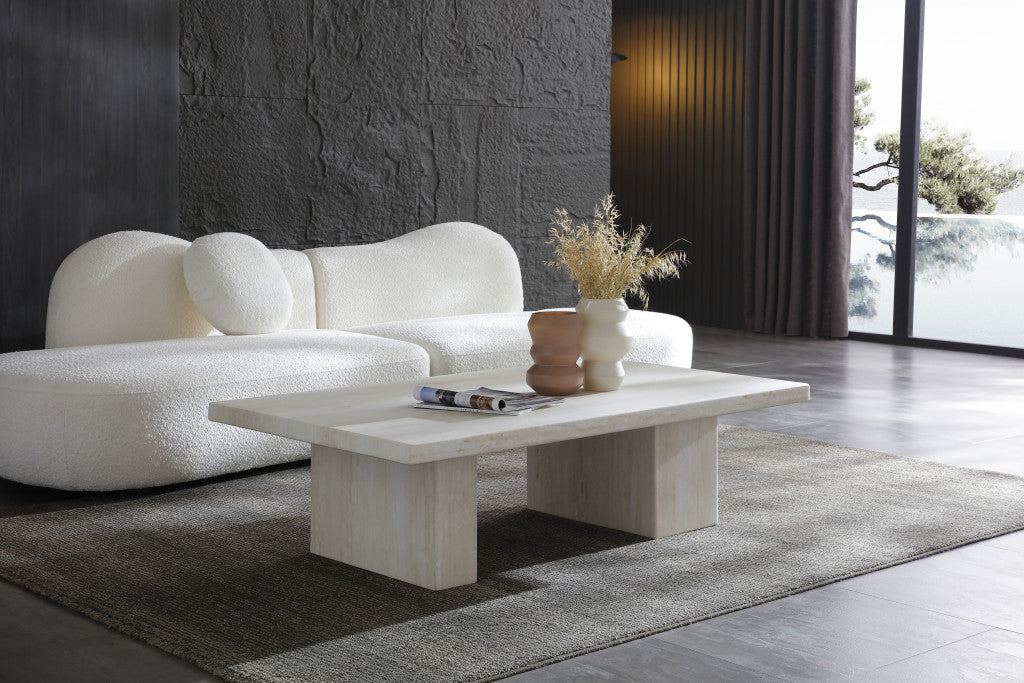 55" Beige Genuine Marble and Marble Double Pedestal Coffee Table