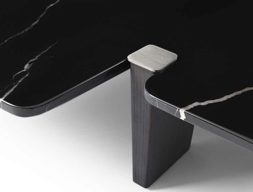 47" Black Genuine Marble and Solid Wood Free Form Coffee Table