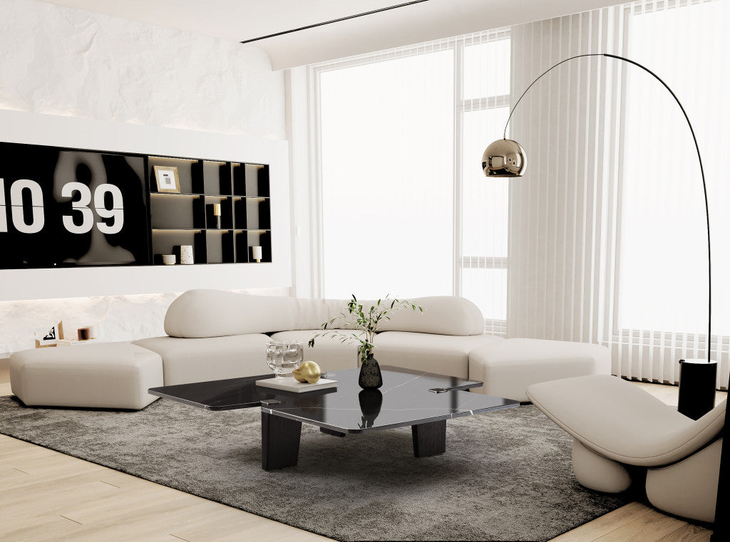 47" Black Genuine Marble and Solid Wood Free Form Coffee Table