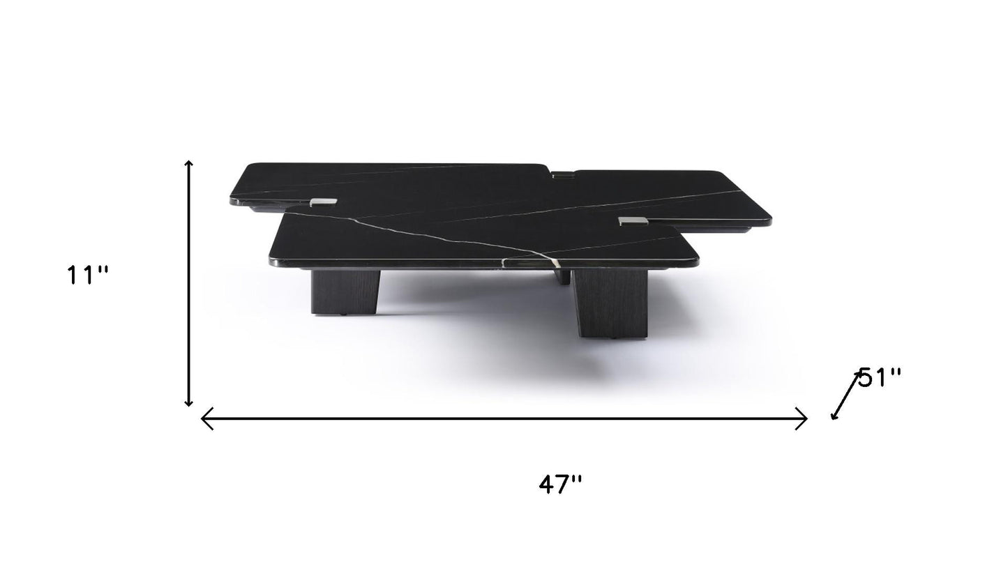 47" Black Genuine Marble and Solid Wood Free Form Coffee Table