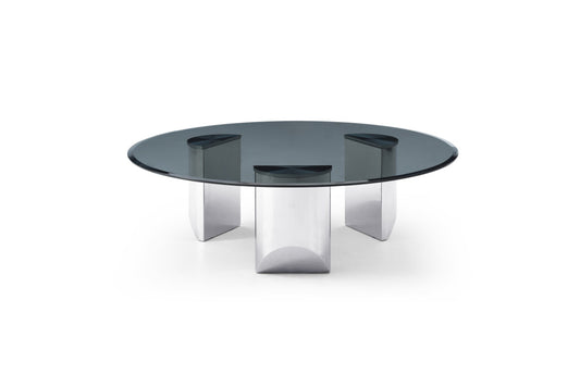 49" Black and Silver Glass and Stainless Steel Round Coffee Table