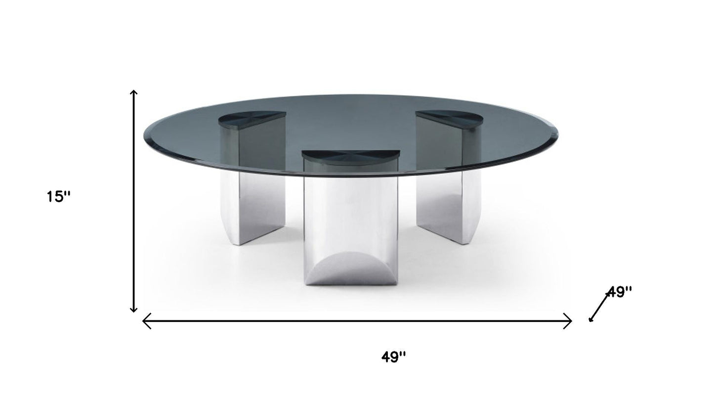 49" Black and Silver Glass and Stainless Steel Round Coffee Table