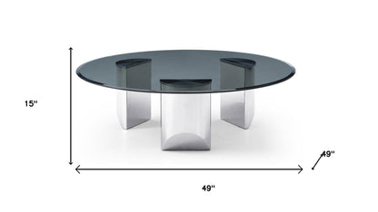 49" Black and Silver Glass and Stainless Steel Round Coffee Table