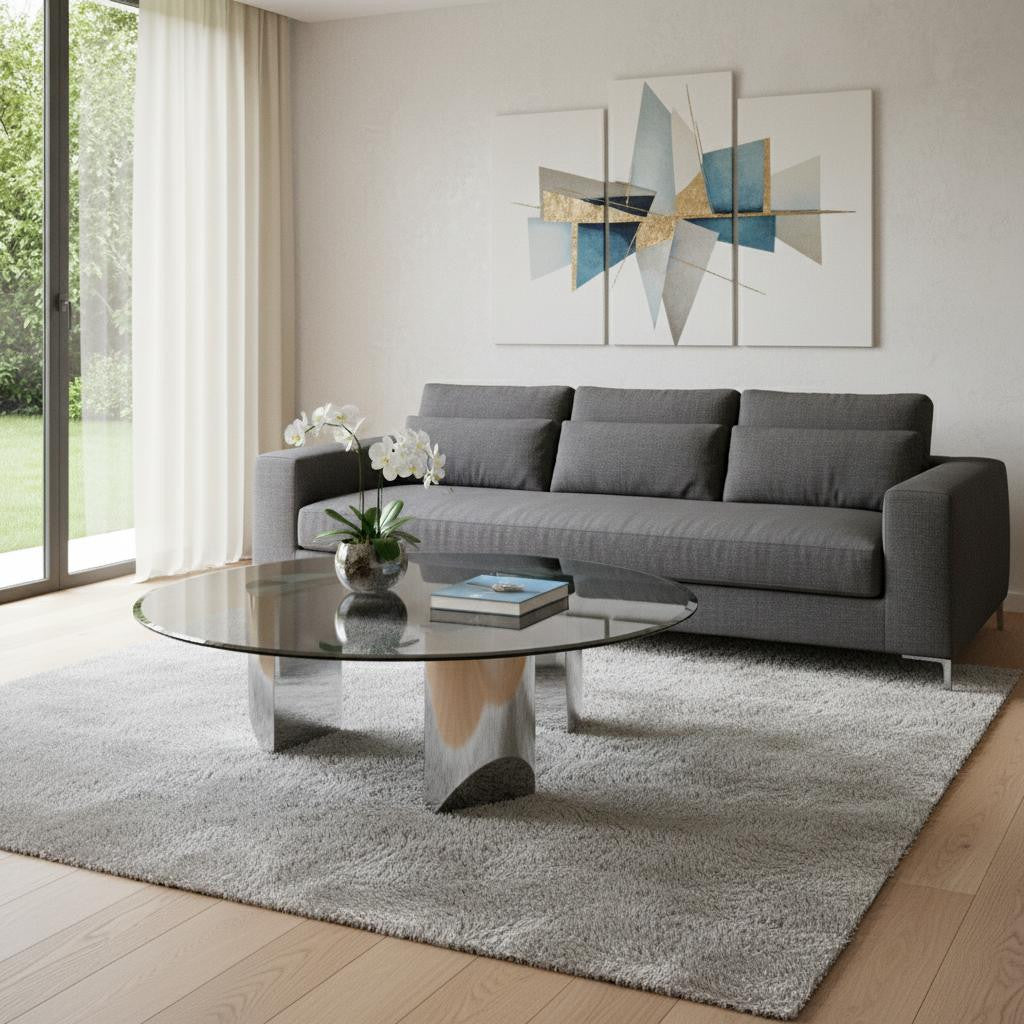 49" Black and Silver Glass and Stainless Steel Round Coffee Table