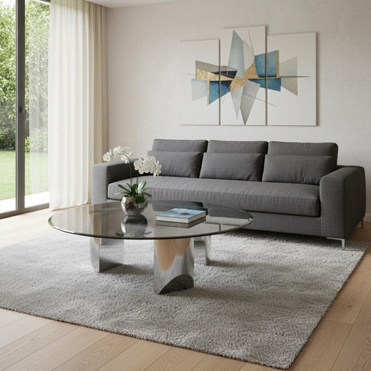 49" Black and Silver Glass and Stainless Steel Round Coffee Table