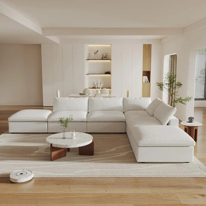 160" White Linen Blend Modular Wood Sofa With Ottoman And Storage