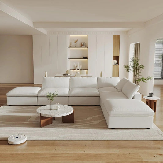 160" White Linen Blend Modular Wood Sofa With Ottoman And Storage