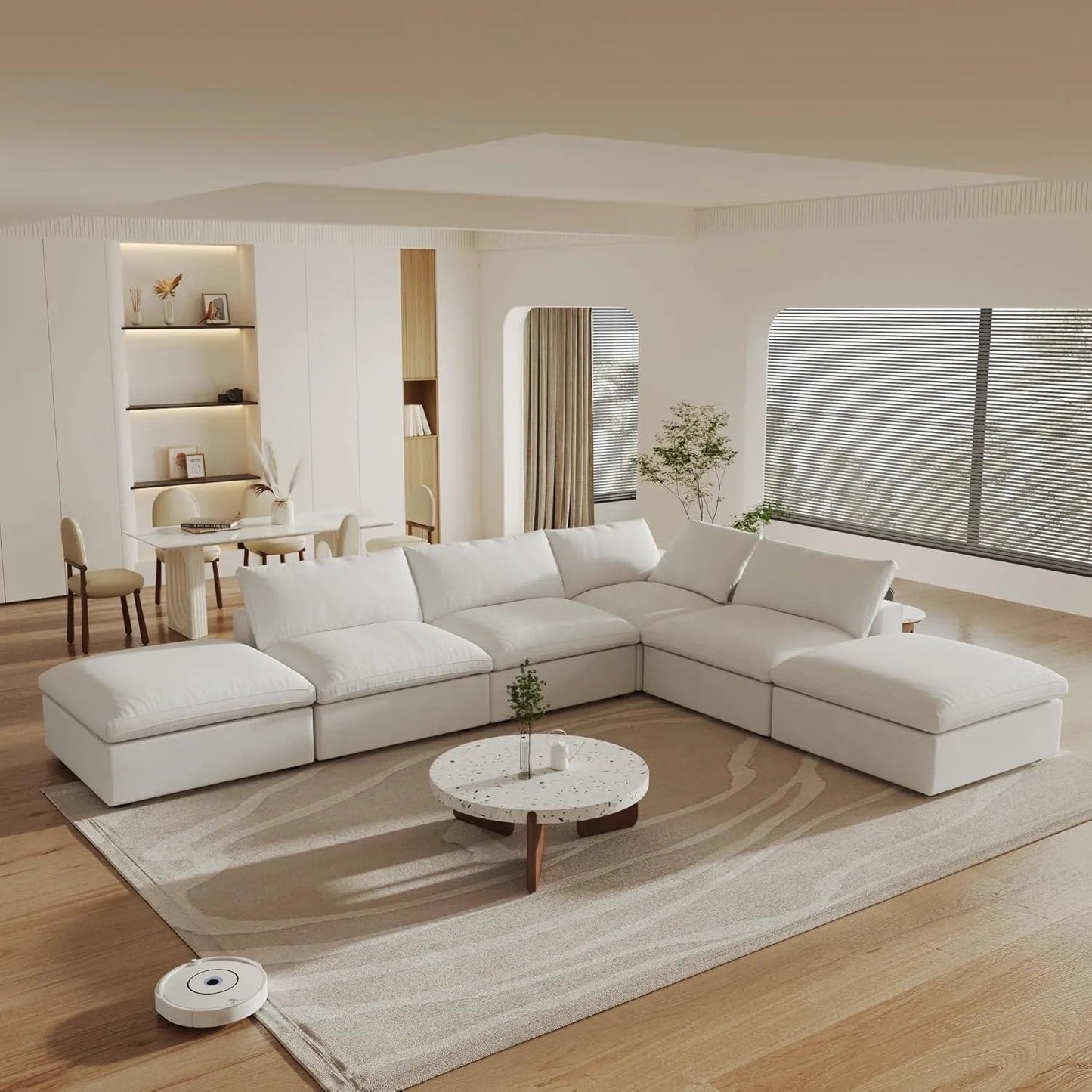 160" White Linen Blend Modular Wood Sofa With Ottoman And Storage