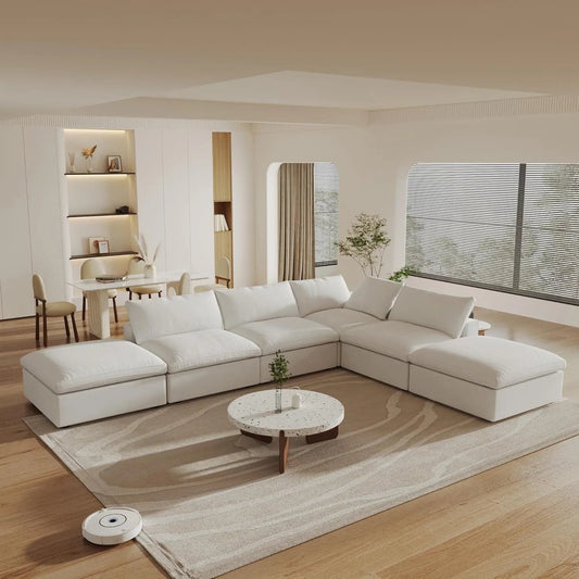 160" White Linen Blend Modular Wood Sofa With Ottoman And Storage