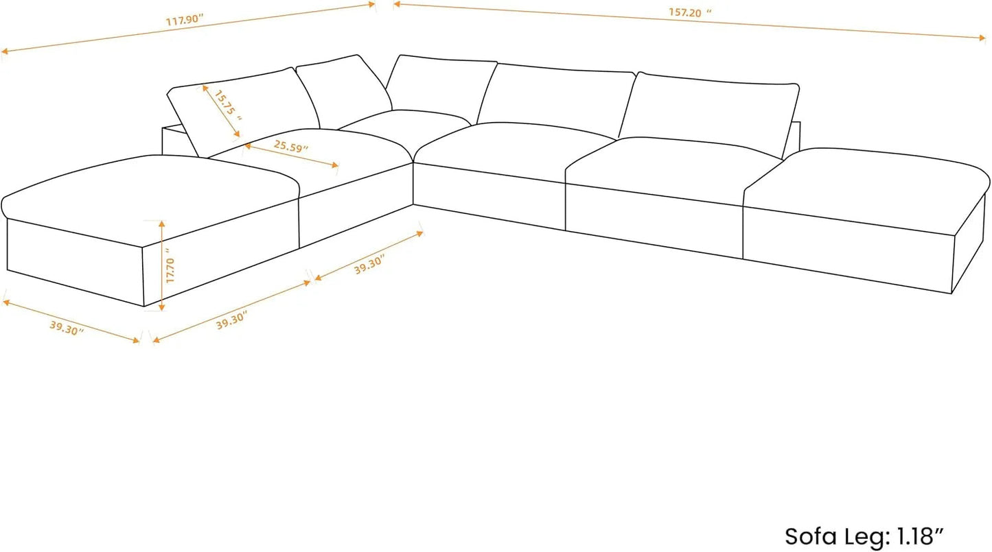 160" White Linen Blend Modular Wood Sofa With Ottoman And Storage