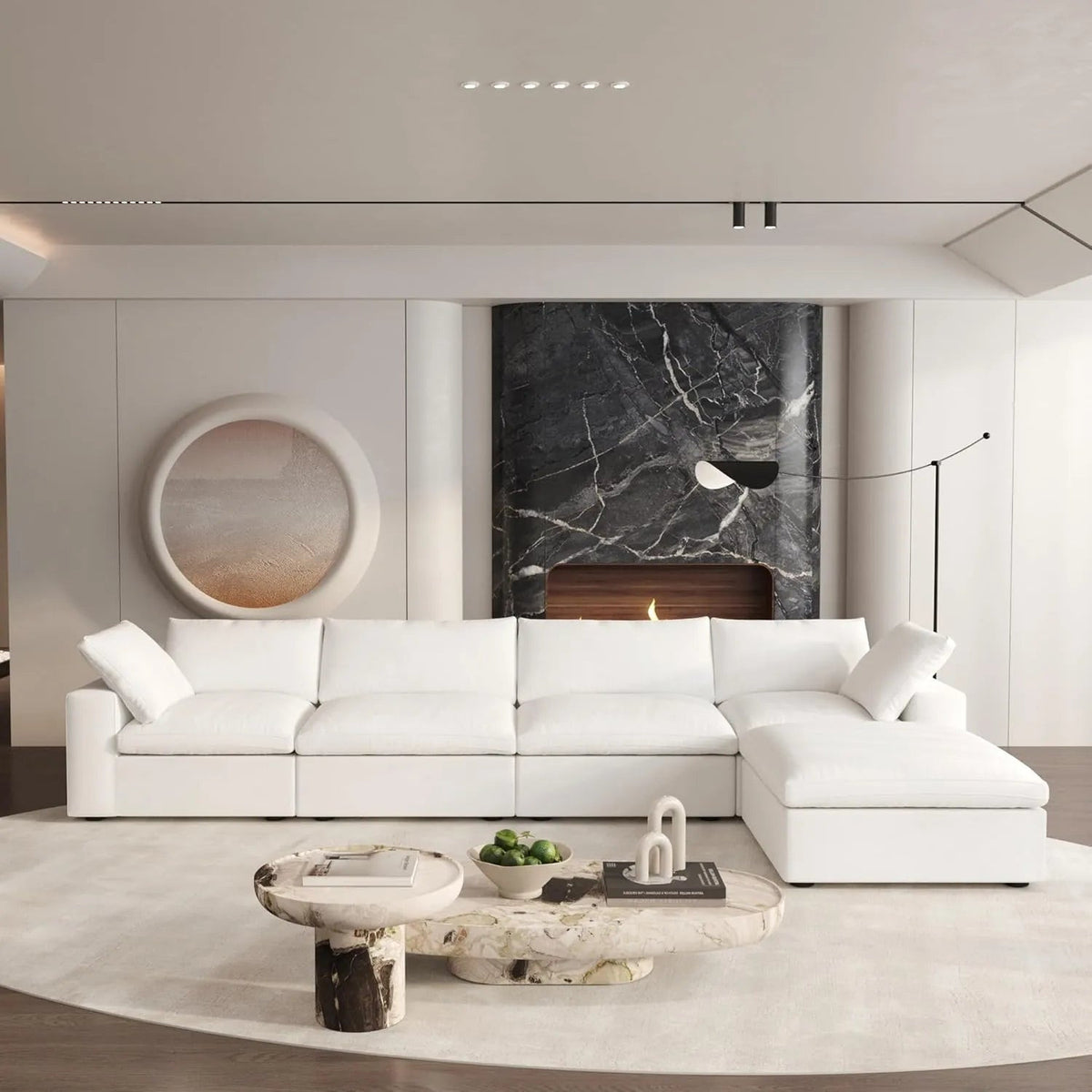 160" White Linen Blend Modular Wood Sofa With Ottoman And Storage