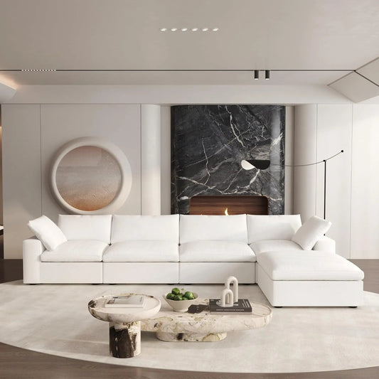 160" White Linen Blend Modular Wood Sofa With Ottoman And Storage