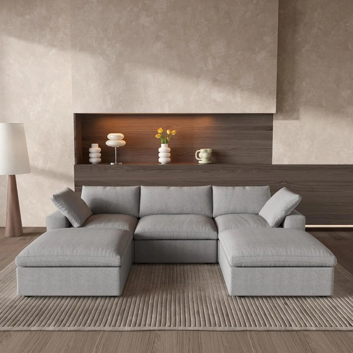 120" Light Gray Linen Blend Modular Wood Sofa With Ottoman And Storage