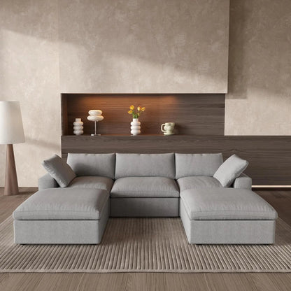 120" Light Gray Linen Blend Modular Wood Sofa With Ottoman And Storage