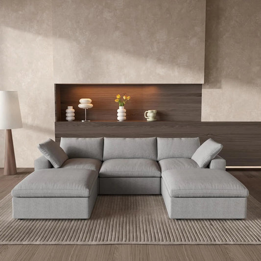 120" Light Gray Linen Blend Modular Wood Sofa With Ottoman And Storage