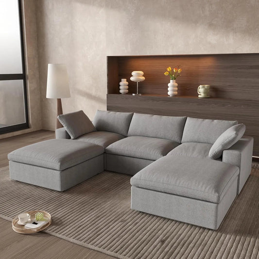 120" Light Gray Linen Blend Modular Wood Sofa With Ottoman And Storage