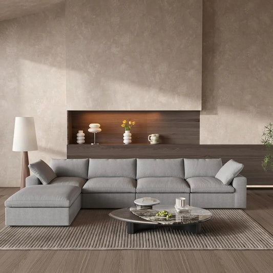 160" Light Gray Linen Blend Modular Wood Sofa With Ottoman And Storage